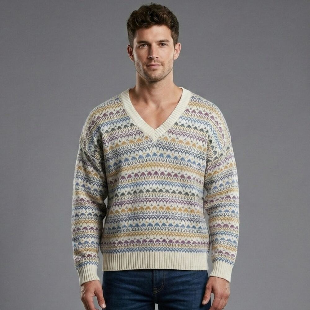 Vintage 80s 90s STEEPLECHASE Sweater XL Mens Multicolor V Neck Pullover Made USA